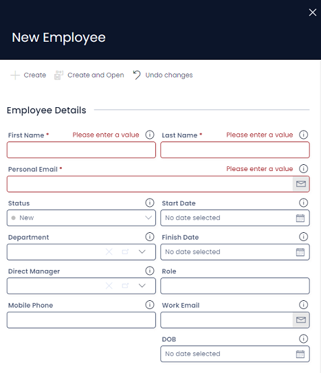 A screenshot of the &quot;Create Employee&quot; side panel. It contains data such as: First Name, Last Name, Personal Email, Status, Start Date, Finish Date, Department, Direct Manager, Role, Mobile Phone, Work Email, and DOB.